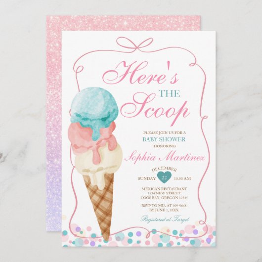 ピンクボウはこちらスクープのアイスクリームベビーシャワー 招待状 (正面/裏面)