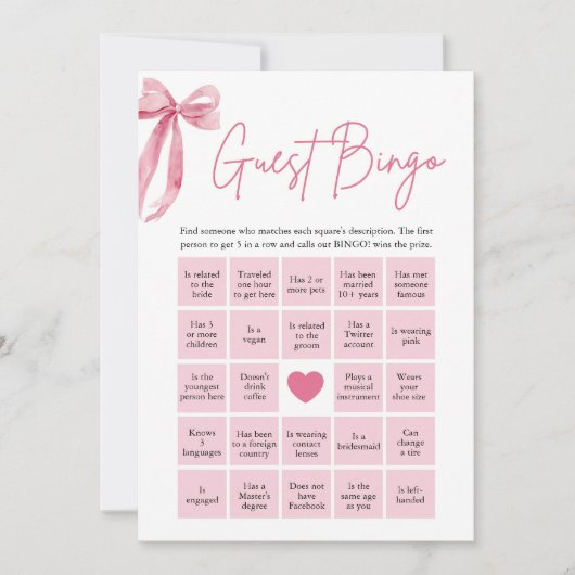 ピンクボウを見つけるゲストビンゴブライダルシャワーゲーム 招待状 (正面)