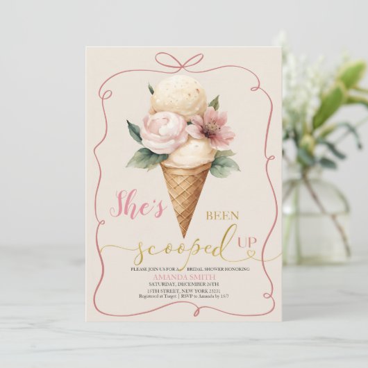 ピンクボウアイスクリームスコップアップブライダルシャワー 招待状 (スタンド正面)