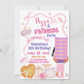 ピンクボウアフロガールピザアンドパジャマ誕生日 招待状 (正面)