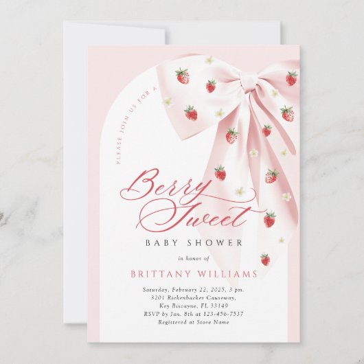 ピンクボウアーチベリースイートベビーシャワー 招待状 (正面)