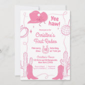 ピンクボウイーハディスコ女性のカーボーイファーストロデオ誕生日 招待状 (正面)