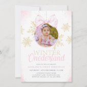 ピンクボウウィンターオネダーランドガールファースト誕生日 招待状 (正面)