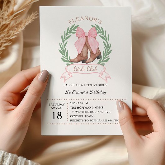 ピンクボウウェスタン女性のカーボーイブーツガールズクラブ誕生日 招待状