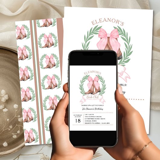 ピンクボウウェスタン女性のカーボーイブーツガールズクラブ誕生日 招待状