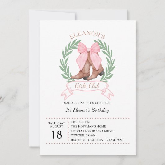 ピンクボウウェスタン女性のカーボーイブーツガールズクラブ誕生日 招待状 (正面)