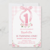 ピンクボウウォーターカラーファースト誕生日招待状 招待状 (正面)