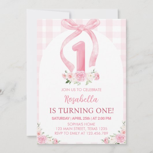 ピンクボウウォーターカラーファースト誕生日招待状 招待状 (正面)