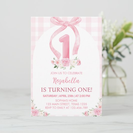 ピンクボウウォーターカラーファースト誕生日招待状 招待状 (スタンド正面)