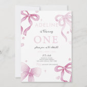 ピンクボウウォーター色ガール1st誕生日パーティー 招待状 (正面)