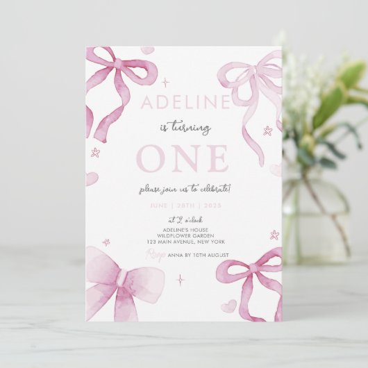 ピンクボウウォーター色ガール1st誕生日パーティー 招待状 (スタンド正面)