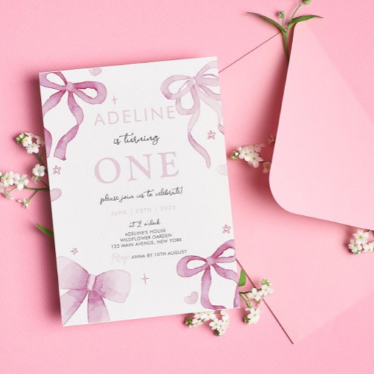 ピンクボウウォーター色ガール1st誕生日パーティー 招待状