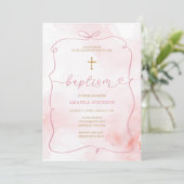 ピンクボウウォーター色ガール《キリスト教》洗礼式や命名式バプテスマ 招待状 (スタンド正面)