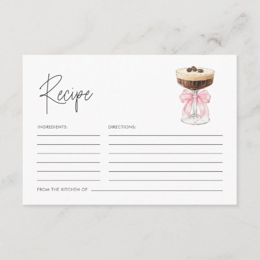 ピンクボウエスプレッソマルティーニブライダルシャワーレシピ エンクロージャーカード (正面)