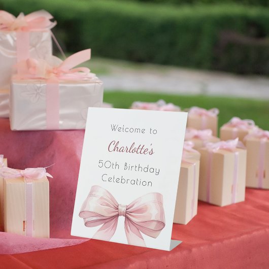 ピンクボウエレガントな誕生日パーティーへようこそ 台座サイン