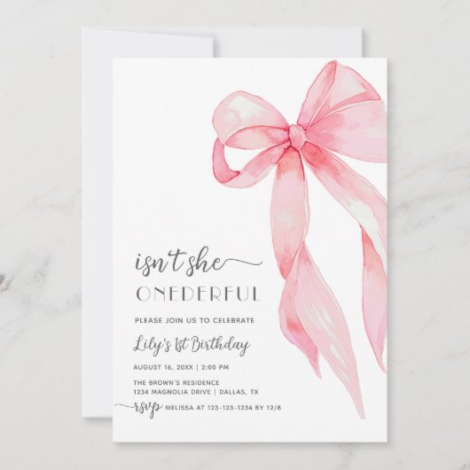 ピンクボウエレガントオンダーフル赤ちゃん女の子1st誕生日 招待状 (正面)