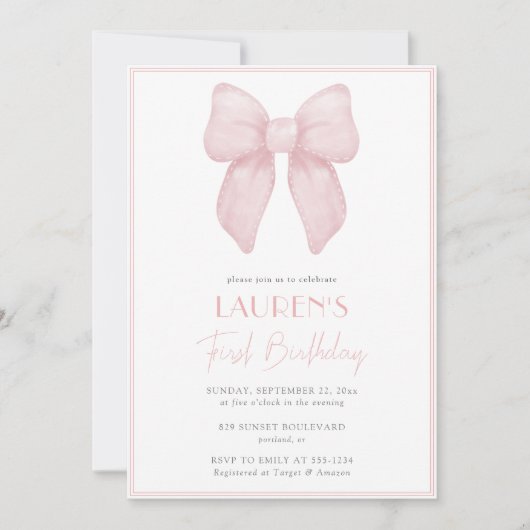 ピンクボウエレガントガールファースト誕生日 招待状 (正面)