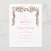 ピンクボウエレガントガールベビーシャワー招待状 ポストカード (正面)