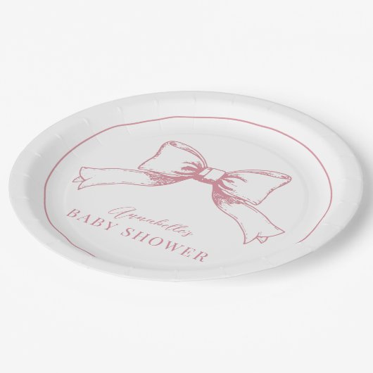 ピンクボウエレガントガール赤ちゃんシャワー ペーパープレート (アングル)