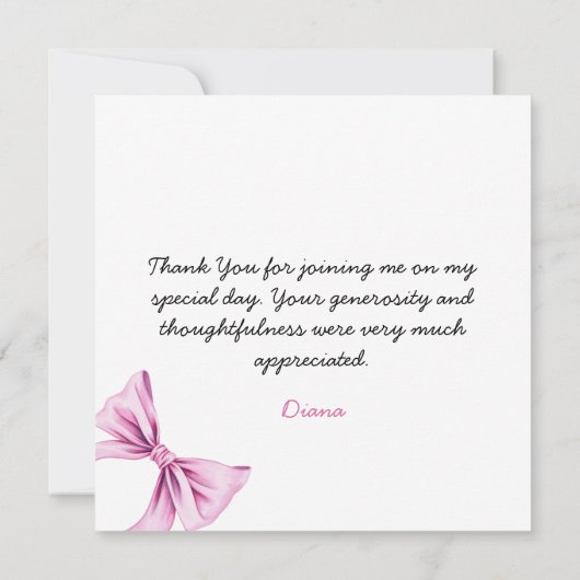 ピンクボウエレガントコケット写真甘い16誕生日 サンキューカード (裏面)