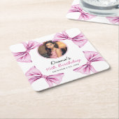 ピンクボウエレガントコケット写真甘い16誕生日 スクエアペーパーコースター (アングル)