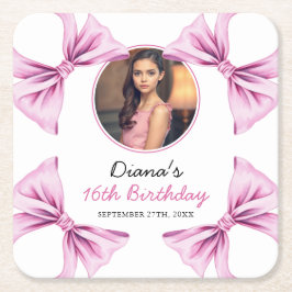 ピンクボウエレガントコケット写真甘い16誕生日 スクエアペーパーコースター