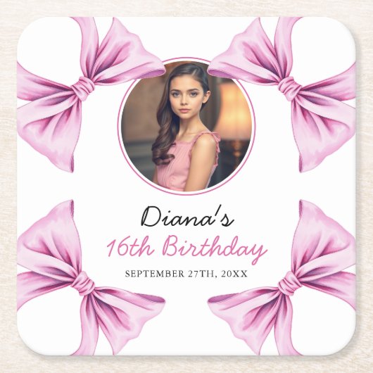 ピンクボウエレガントコケット写真甘い16誕生日 スクエアペーパーコースター (正面)