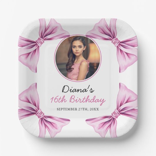 ピンクボウエレガントコケット写真甘い16誕生日 ペーパープレート (正面)