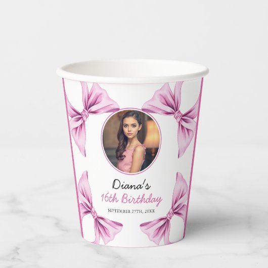ピンクボウエレガントコケット写真甘い16誕生日 紙コップ (正面)