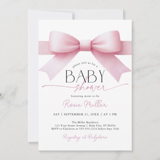 ピンクボウエレガントコケット女の子ベビーシャワー 招待状 (正面)