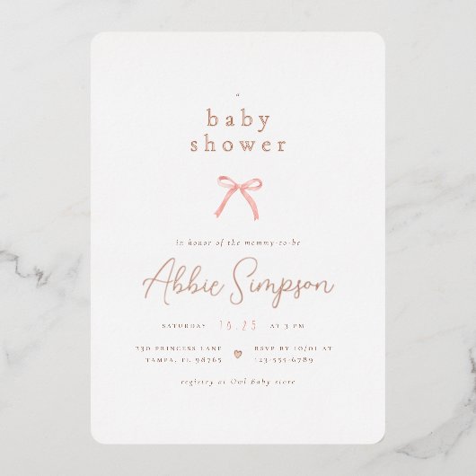 ピンクボウエレガントコケット女の子ベビーシャワー 箔招待状 (正面)
