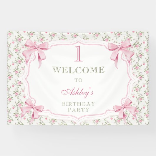 ピンクボウエレガントコケット女子1歳の誕生日 横断幕 (横)