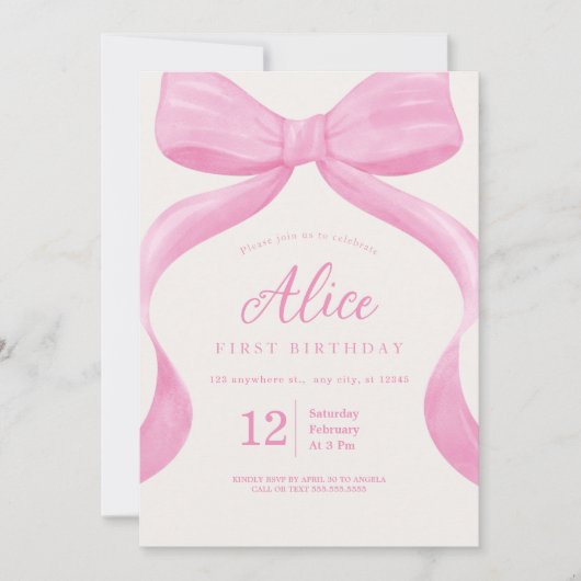 ピンクボウエレガントコケット第1誕生日ガール 招待状 (正面)