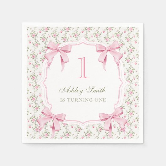 ピンクボウエレガントコケット1歳の誕生日 スタンダードカクテルナプキン (正面)