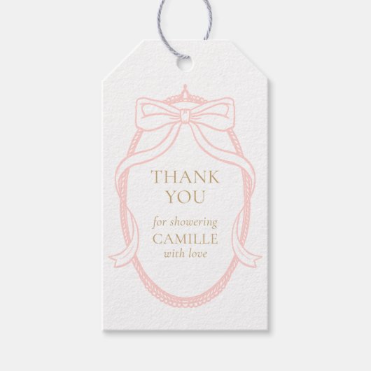 ピンクボウエレガントサンキューガールベビーシャワー ギフトタグ (正面)
