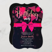 ピンクボウエレガントバースデーパーティーへの招待 招待状 (正面/裏面)