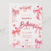 ピンクボウエレガントバースデーパーティーへの招待 招待状 (正面/裏面)
