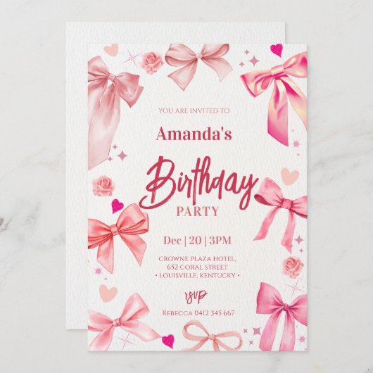 ピンクボウエレガントバースデーパーティーへの招待 招待状 (正面/裏面)