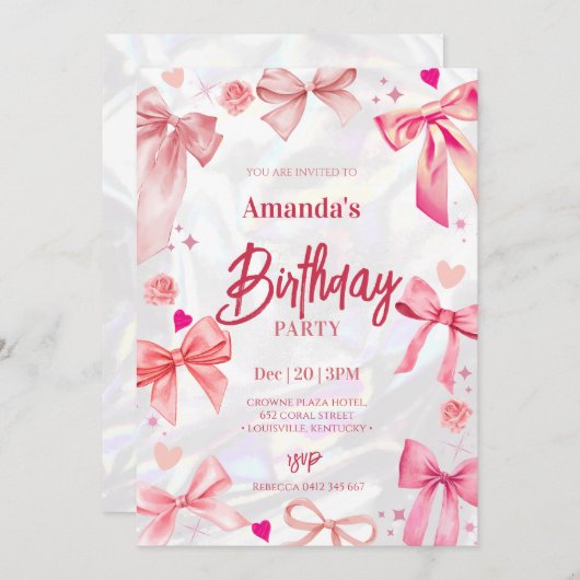 ピンクボウエレガントバースデーパーティーへの招待 招待状 (正面/裏面)