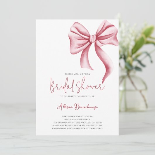 ピンクボウエレガントフォトブライダルシャワーパーティー 招待状 (スタンド正面)