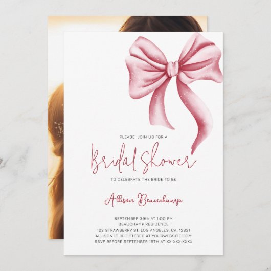 ピンクボウエレガントフォトブライダルシャワーパーティー 招待状 (正面/裏面)