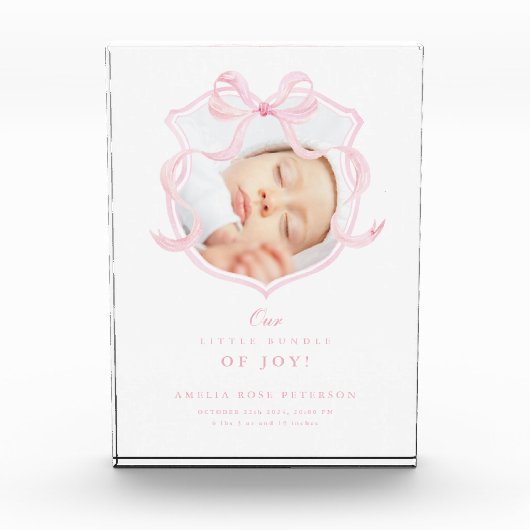 ピンクボウエレガントフォトベビーガールアクリルブロック フォトブロック (正面)