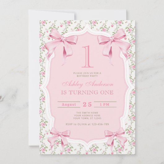 ピンクボウエレガントフローラコケット1st誕生日 招待状 (正面)