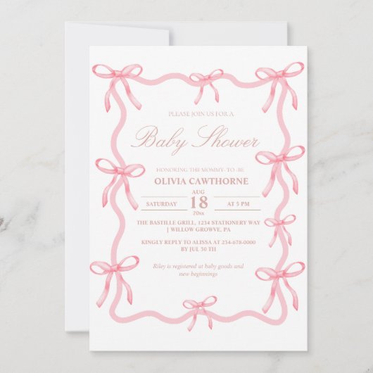 ピンクボウエレガントベイビーシャワー 招待状 (正面)