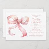 ピンクボウエレガントベビーガールシャワーコケット赤面 招待状 (正面/裏面)