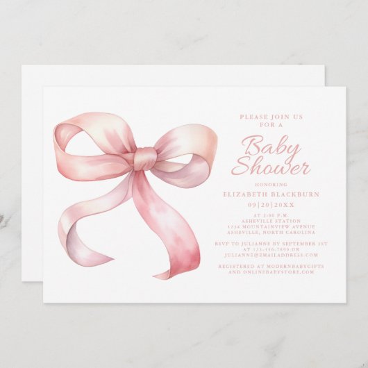 ピンクボウエレガントベビーガールシャワーコケット赤面 招待状 (正面/裏面)