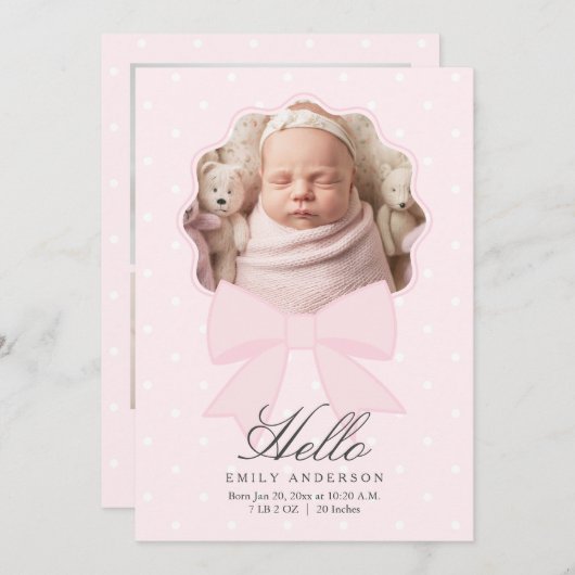 ピンクボウエレガントベビーガールフォトコラージュ誕生 案内状 (正面/裏面)