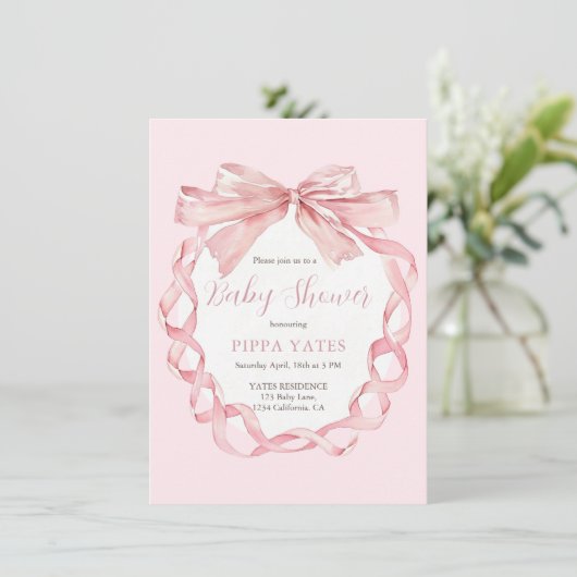 ピンクボウエレガントベビーシャワー招待状名門私立校風の 招待状 (スタンド正面)