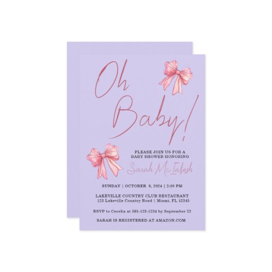 ピンクボウエレガントベビーシャワー招待状 招待状 (正面/裏面インサイチュ)