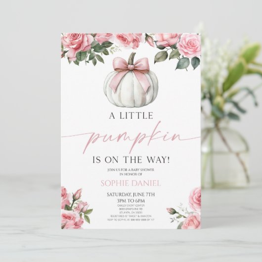 ピンクボウエレガントホワイトカボチャフローラベビーシャワー 招待状 (スタンド正面)